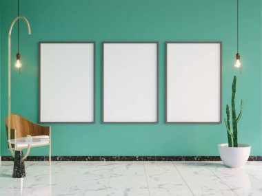 Art deco tarzı iç mockup Poster. 3D render. 3D çizim