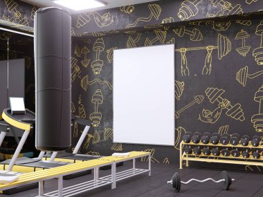 Alay kadar sahne, 3d resim, spor, spor salonu, fitness, soyunma odası eğitmen, koşu bandı, kadar görünümü, duvar, beyaz 