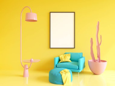 Yatay poster çerçeve, kanepe, lamba ve bitkiler ile sahte kadar. 3D render. illüstrasyon