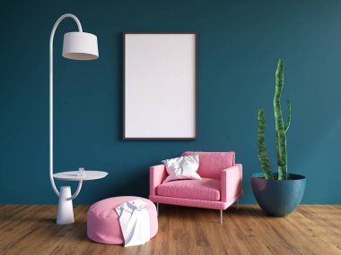 Yatay poster çerçeve, kanepe, lamba ve bitkiler ile sahte kadar. 3D render. illüstrasyon