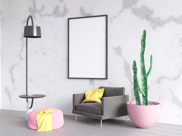 Horizontale affiche mock up met frame, sofa, lamp en planten. 3D-rendering. illustratie — Stockfoto