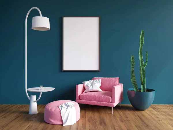 Poziome plakat makieta z ramki, kanapa, lampa i roślin. renderowania 3D. ilustracja — Zdjęcie stockowe