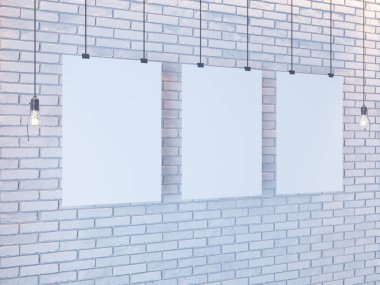 Mockup Poster in art deco style interior. 3d render. white brick wall. illustration