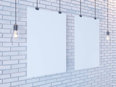 Mockup Poster in art deco style interior. 3d render. white brick wall. illustration