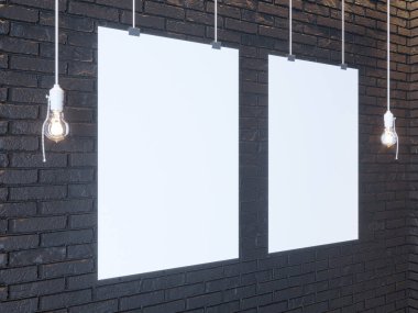 Art deco tarzı iç mockup Poster. 3D render. siyah tuğla duvar. illüstrasyon