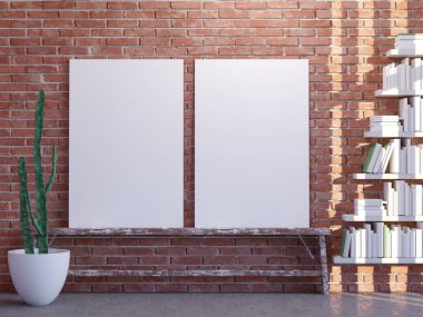 Poster vintage yenilikçi çatı iç arka plan, 3d render ile alay. illüstrasyon