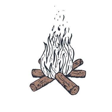 renkli vektör kamp ateşi ile ahşap, kroki.