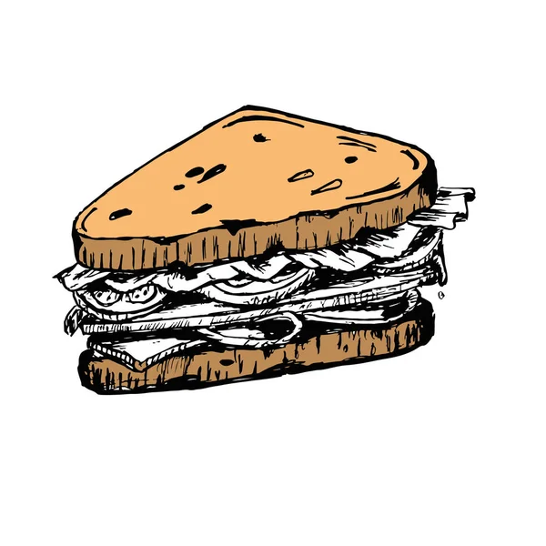 Croquis de sandwich. avec des tomates et des herbes . — Image vectorielle