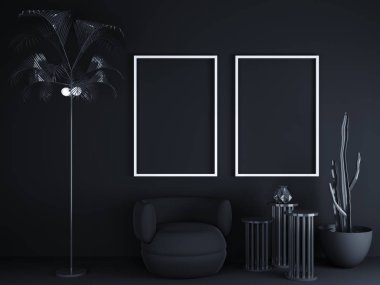 Boş alanı siyah zemin üzerine çerçeve. 3D render. mockup iç illüstrasyon.