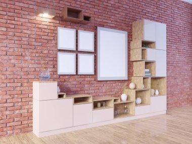 Boş çerçeve ile modern parlak iç. 3D render. illüstrasyon