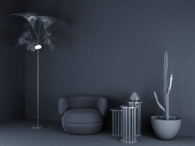 Boş alanı siyah zemin üzerine çerçeve. 3D render. mockup iç illüstrasyon.