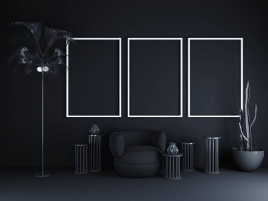 Boş alanı siyah zemin üzerine çerçeve. 3D render. mockup iç illüstrasyon.