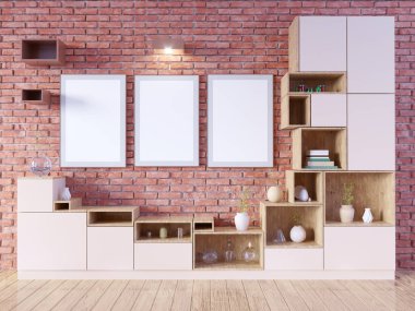 Boş çerçeve ile modern parlak iç. 3D render. illüstrasyon