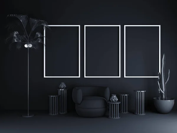 Frame on black background with empty space. 3D rendering. mockup interior  illustration.