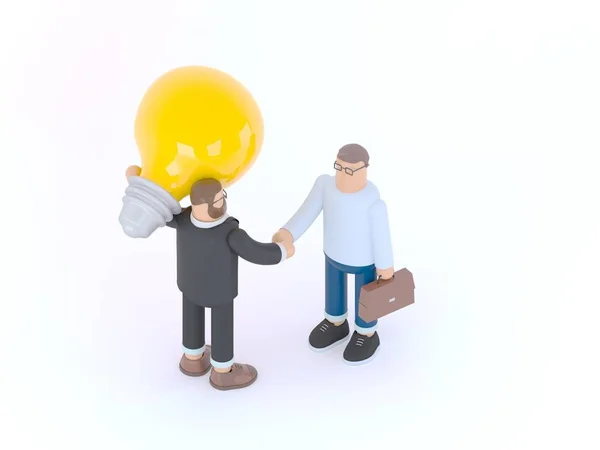 男は巨大な電球を持ち、ブリーフケースを持ったビジネスマンと握手をしています。3D レンダリング イラストレーション — ストック写真