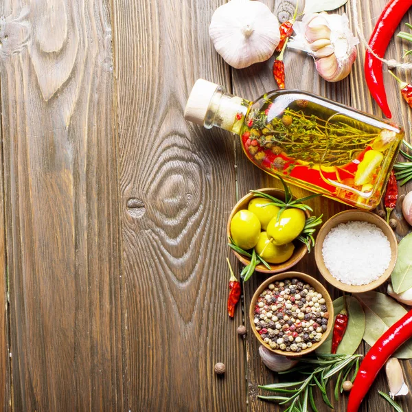 Flat lay Food background frame made of oils condiments and spice
