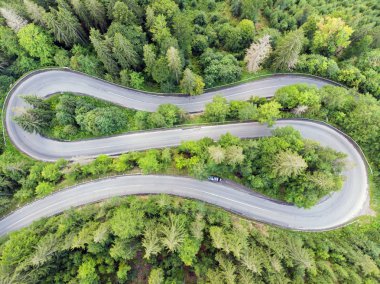 Yeşil orman yoluyla virajlı yol görünümünü yukarıda