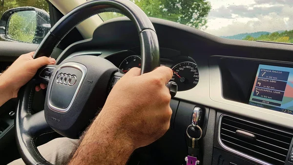 Agapia Romania July 2018 Driver Hands Steering Wheel While Driving — Stock Photo, Image