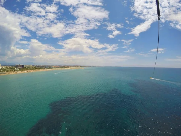 Aerial View Tropical Resort Parasailing Speedboat Dragging Parachute Mediterranean Beach Royalty Free Stock Images