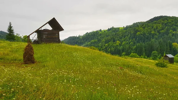 Berghütten Auf Grünem Hügel Sommer — Stockfoto