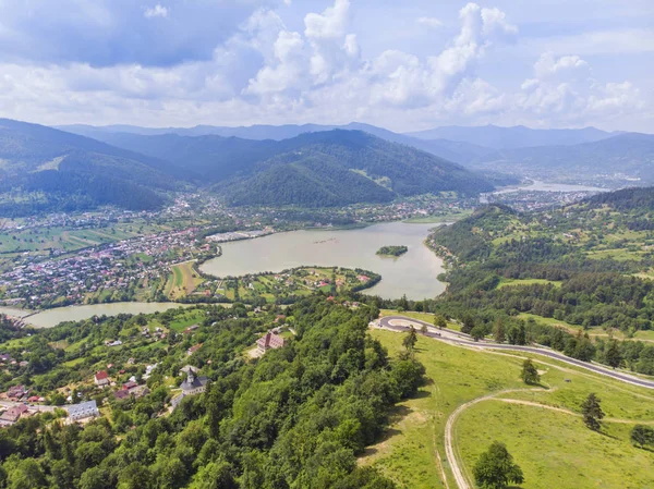 Vista Aérea Para Vale Rio Bistrita Algumas Aldeias Com Campos — Fotografia de Stock