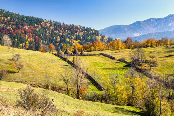 Věčným Ledem Podzimní Údolí Dřevěný Plot Stohy — Stock fotografie
