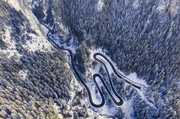 View Curvy Road Winter Mountain Forest Bicaz Gorge Narrow Pass — Stock Photo, Image