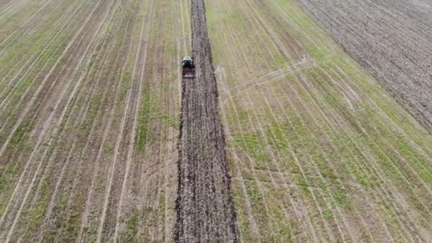 Tractor Plowing Field Prepairing Spring Planting Aerial View — Stock Video