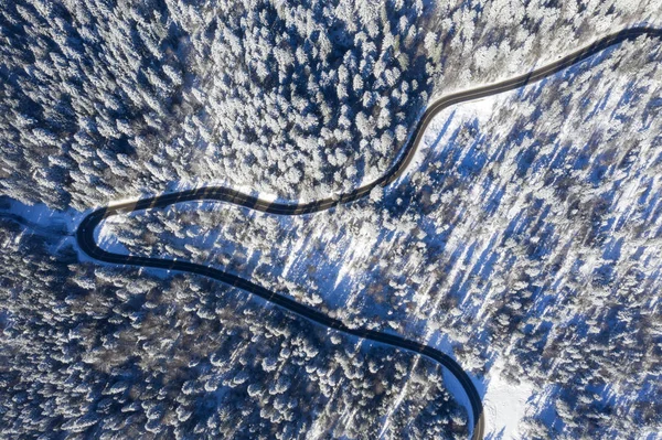 Virajlı yol yukarıdan kış ormanda görüntülemek — Stok fotoğraf