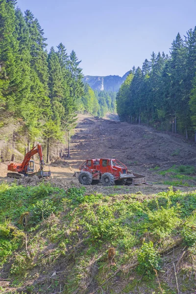 Destrucción de la cubierta forestal, niveladora de trabajo y excavadora —  Fotos de Stock