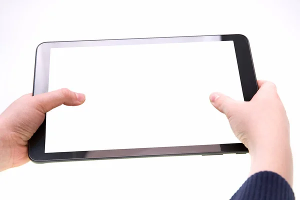 Tablet Met Wit Scherm Jongen Handen Een Witte Achtergrond — Stockfoto