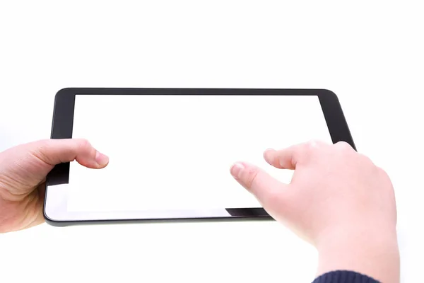 Boy Finger Touching White Screen Tablet — Stock Photo, Image