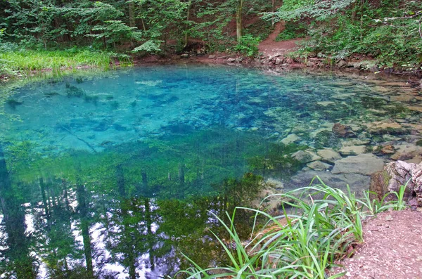 Limpar Lago Montanha Azul Floresta Verão Marco Dos Cárpatos Romenos — Fotografia de Stock