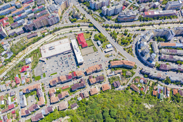 Shopping center in resindential area, above view in Piatra Neamt, Romania