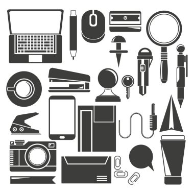 ofis masası düz vektör, ofis malzemeleri, kırtasiye simgeleri 