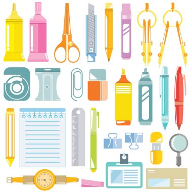 Kalem, kalem, kırtasiye web simgeleri seti. Vektör illüstrasyonu          