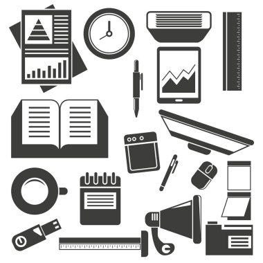 ofis masası düz vektör, ofis malzemeleri, kırtasiye simgeleri 
