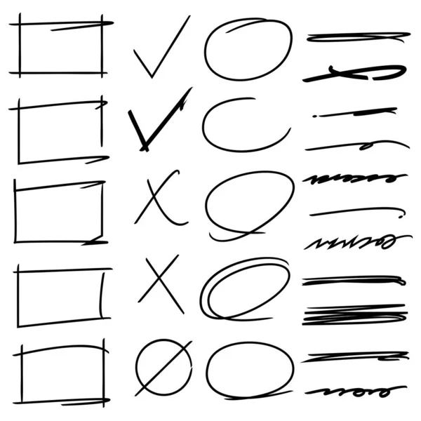 Hand Drawn Marker Elements Check Marks Ticks Underlines Brush Lines — Stock Vector