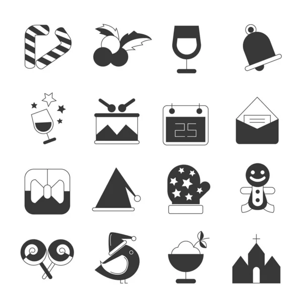 Vector Icono Conjunto Iconos Navidad Blanco Negro — Archivo Imágenes Vectoriales