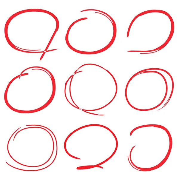 Röda Handritade Markeringselement Tomma Cirklar Och Ovaler — Stock vektor