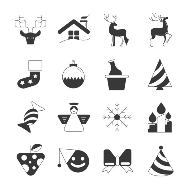 Vector Icono Conjunto Iconos Navidad Blanco Negro — Archivo Imágenes Vectoriales