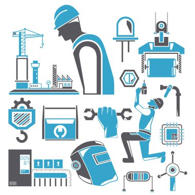 Makine ve mühendislik araçları web simgeleri ayarlandı. Vektör illüstrasyonu          