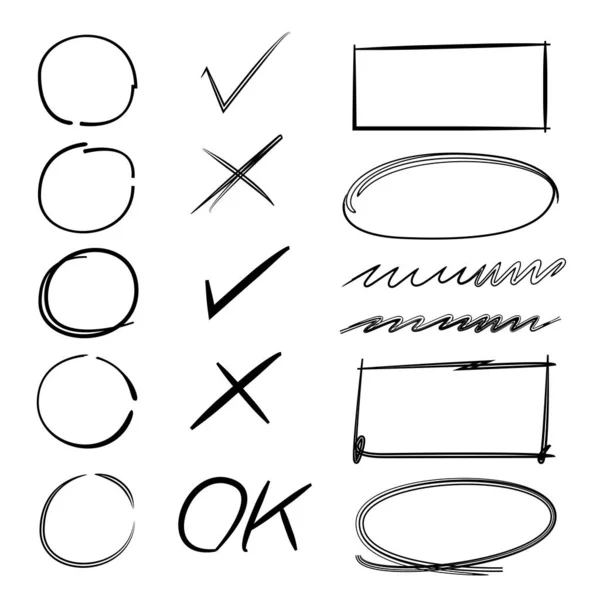 Elementos Marcadores Dibujados Mano Marcas Verificación Garrapatas Subrayados Líneas Pincel — Archivo Imágenes Vectoriales