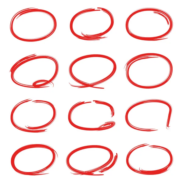 Elementos Marcadores Vermelhos Desenhados Mão Círculos Branco Ovais — Vetor de Stock