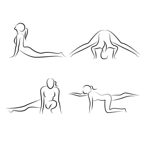 Hand Getekende Yoga Poses Yoga Houdingen — Stockvector