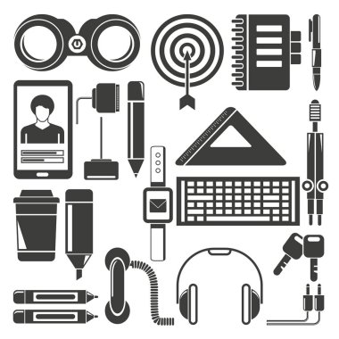 ofis masası düz vektör, ofis malzemeleri, kırtasiye simgeleri 