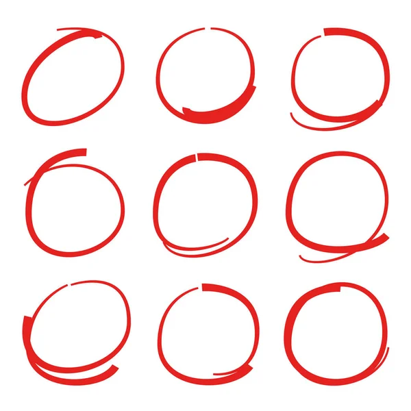Elementos Marcadores Vermelhos Desenhados Mão Círculos Branco Ovais —  Vetores de Stock