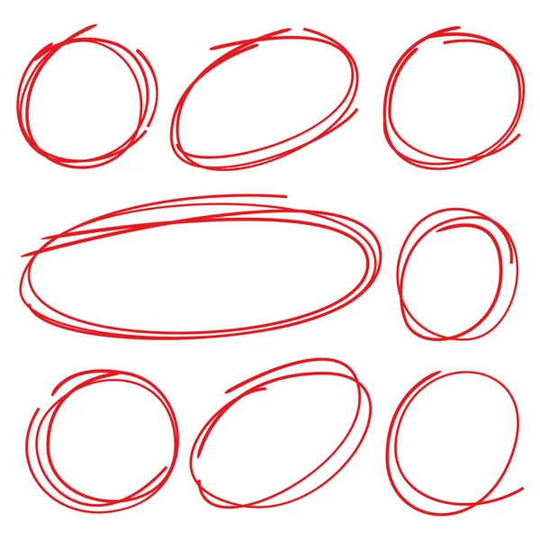 Červené Ručně Kreslené Značkovací Prvky Prázdné Kruhy Ovály — Stockový vektor