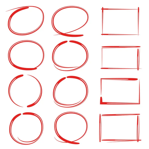 赤い手描きの円と長方形のマーカー要素 — ストックベクタ