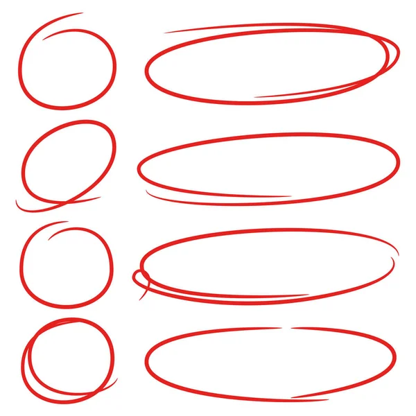 Elementos Marcadores Dibujados Mano Rojos Círculos Blanco Óvalos — Archivo Imágenes Vectoriales